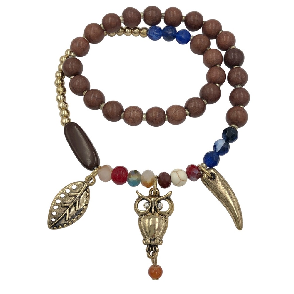 Owl Leaf Horn Gold Tone Charm Brown Beaded Stretch Wrap Bracelet